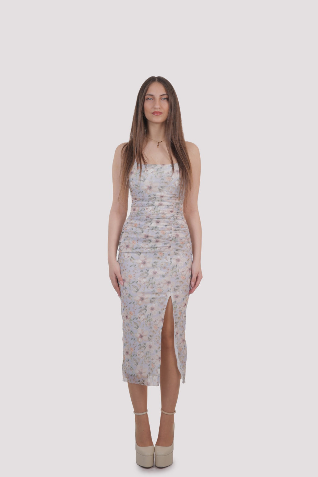 Floral Bodycon Midi Dress with Front Slit