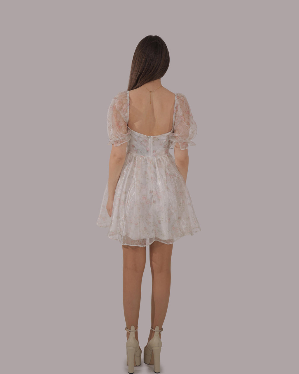 Blush Floral Puff-Sleeve Mini Dress