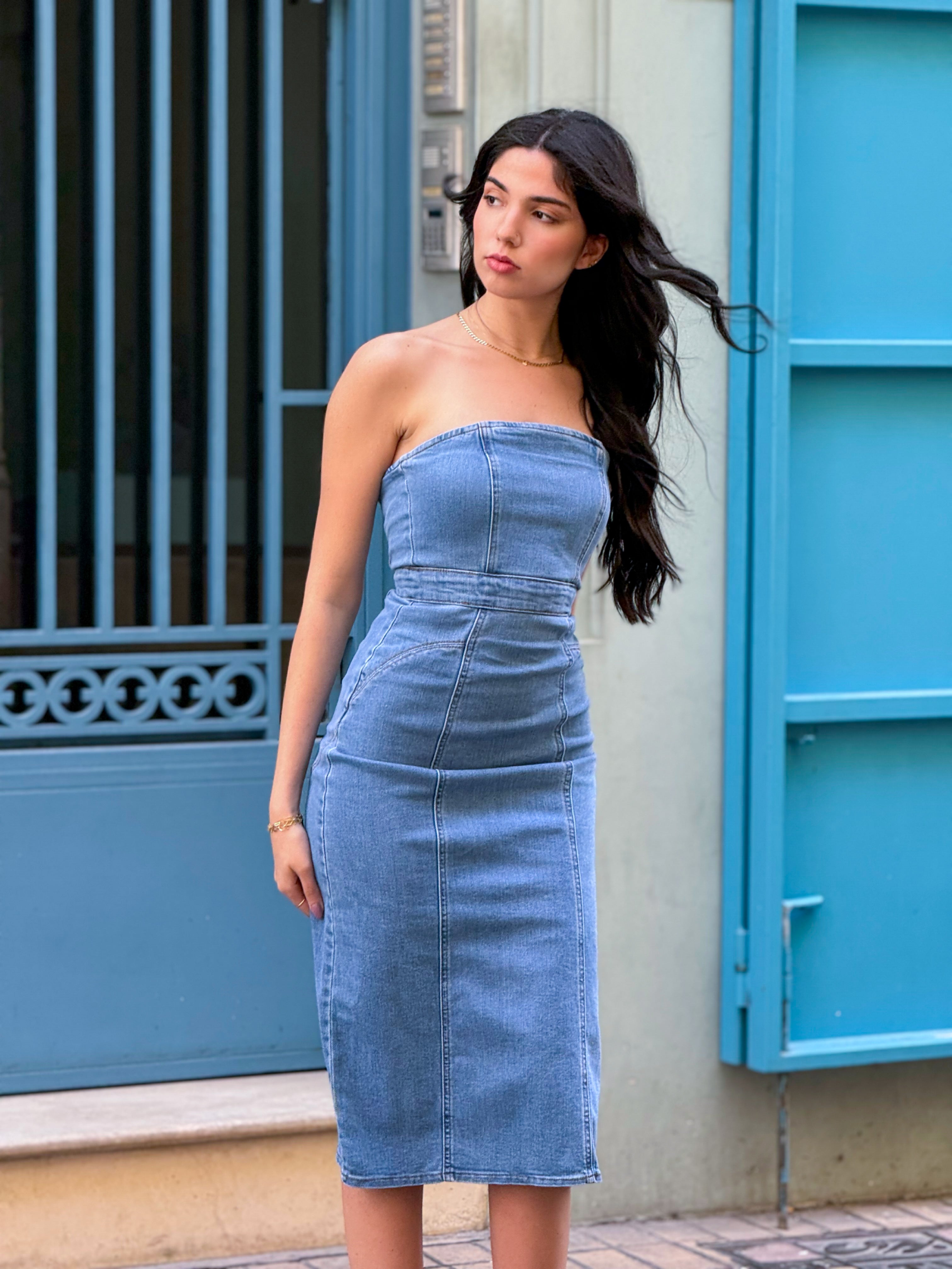 Light Wash Fitted Midi Denim Dress