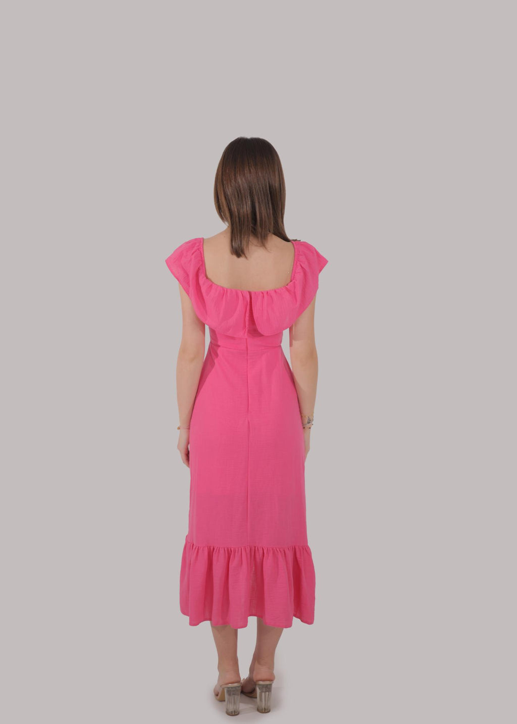 Pink Scoop Ruffle Midi Dress