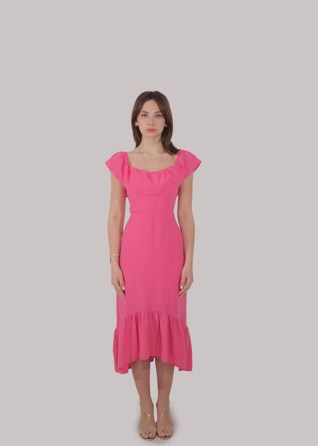 Pink Scoop Ruffle Midi Dress