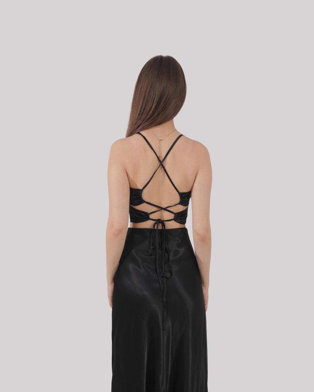 Black Satin Cross-Back Crop Set
