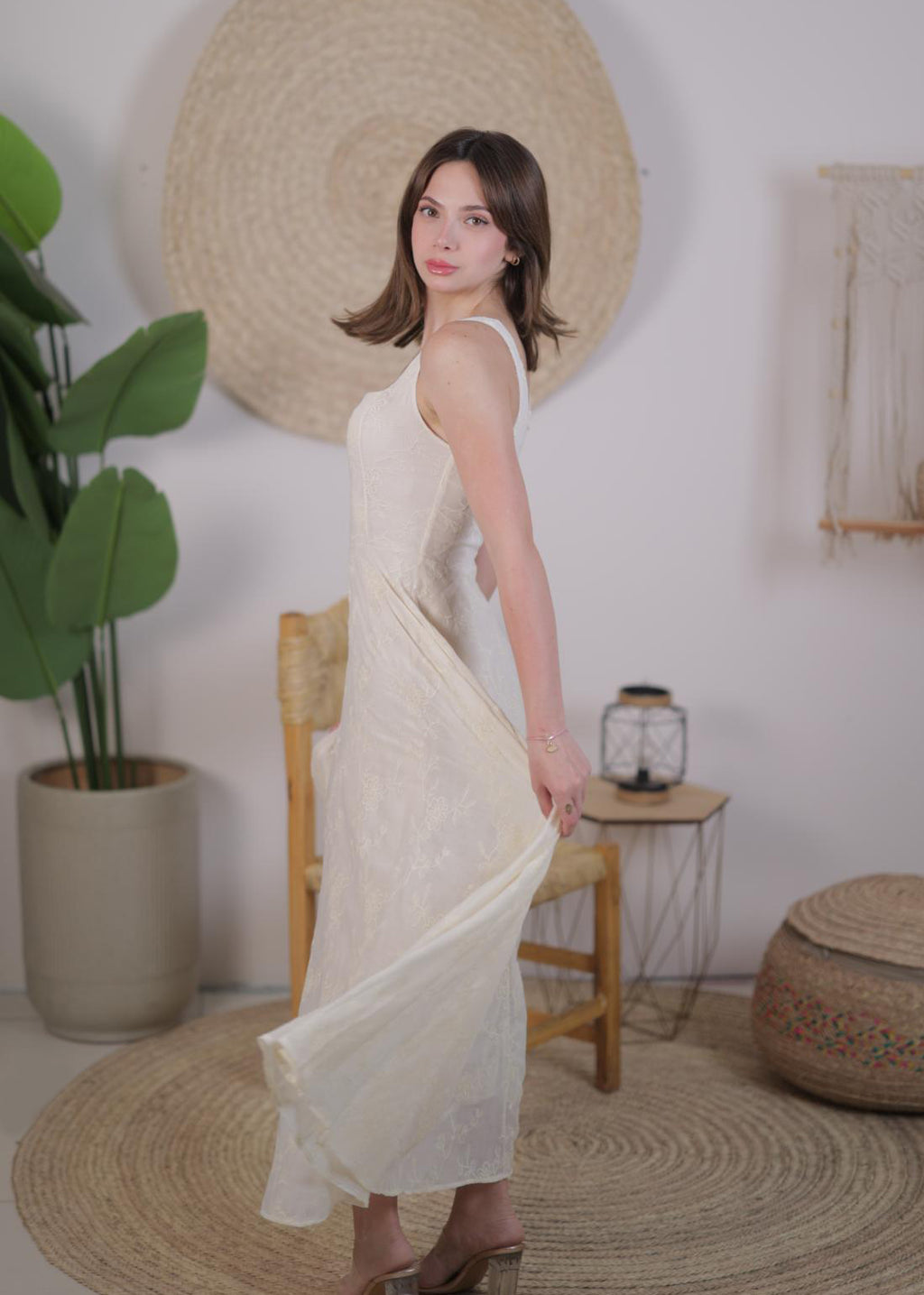 Ivory Square-Neck Embroidered Midi Dress