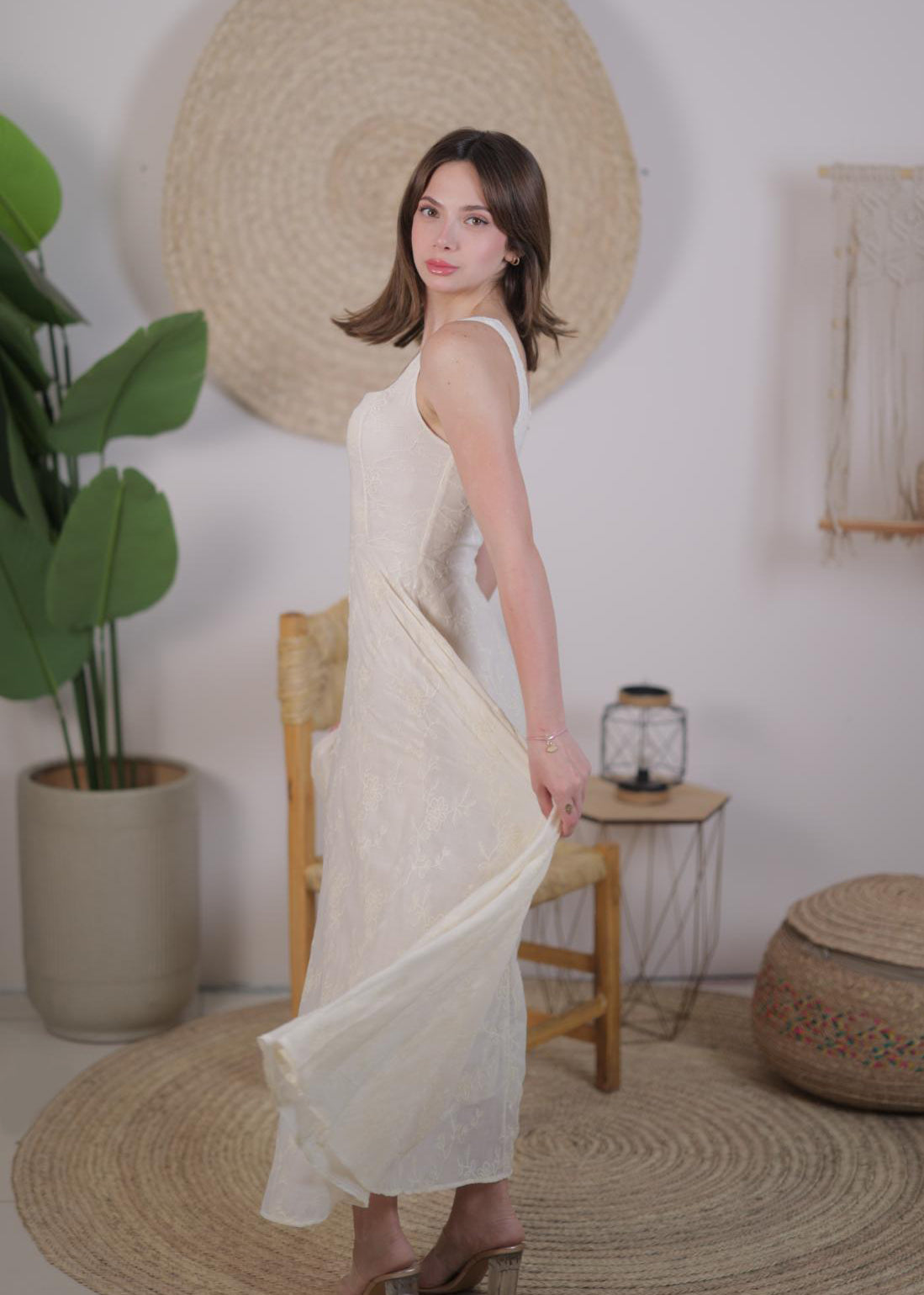 Ivory Square-Neck Embroidered Midi Dress