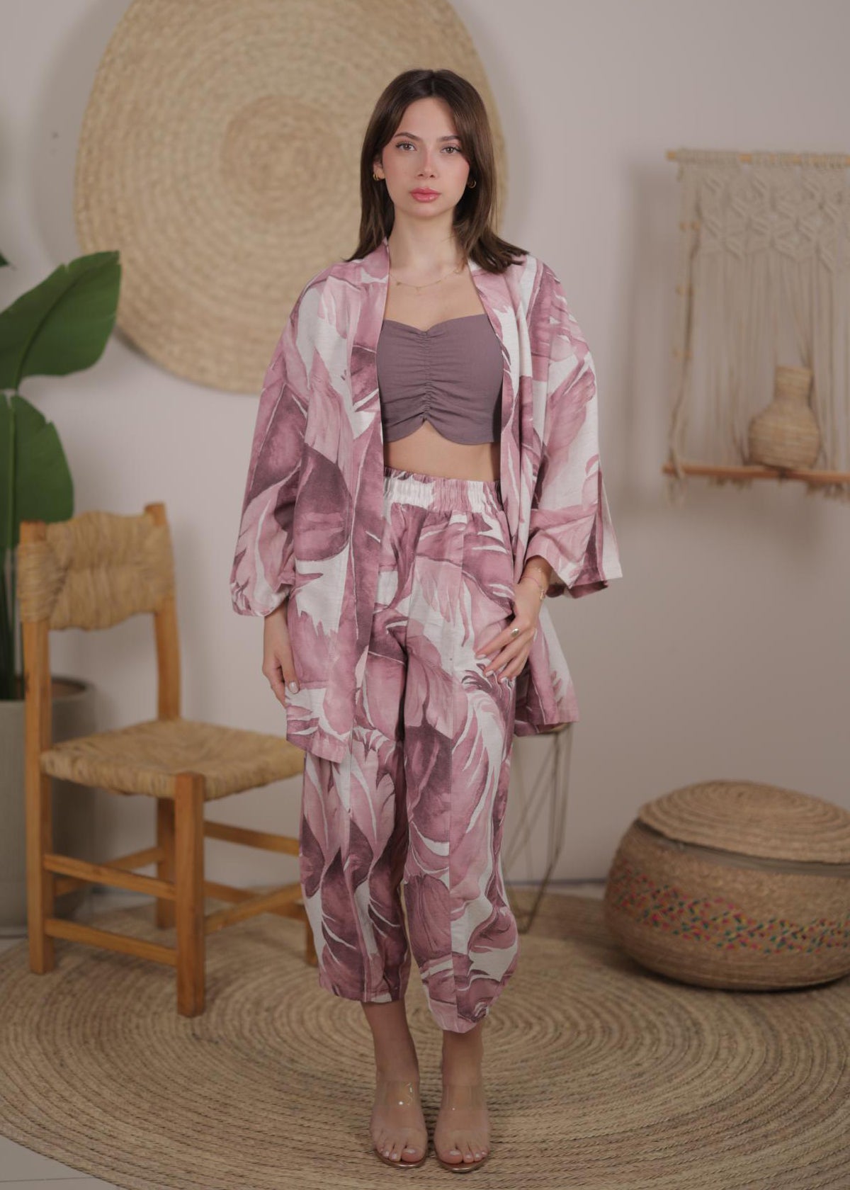 Blush Leaf Print Kimono Set