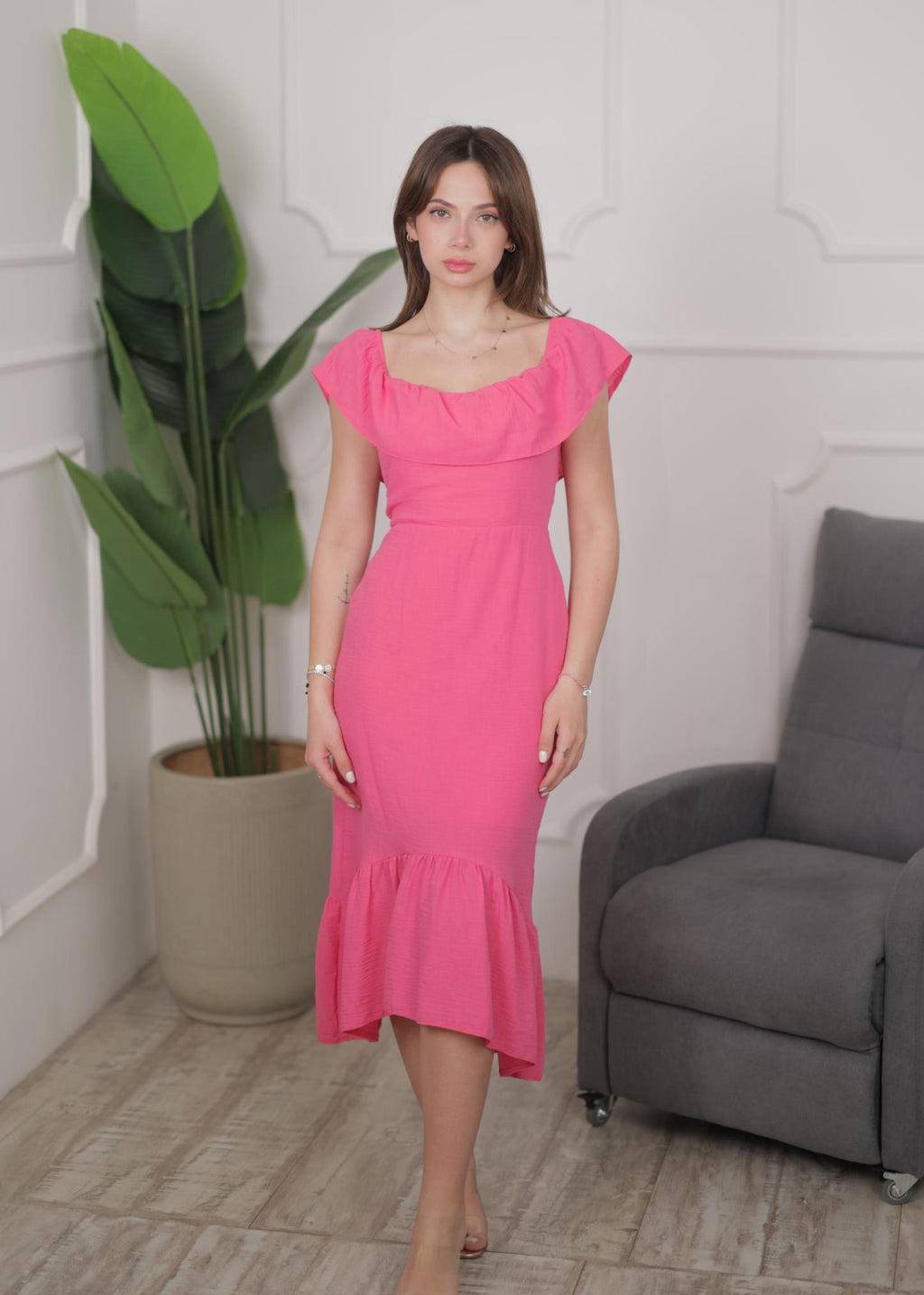 Pink Scoop Ruffle Midi Dress