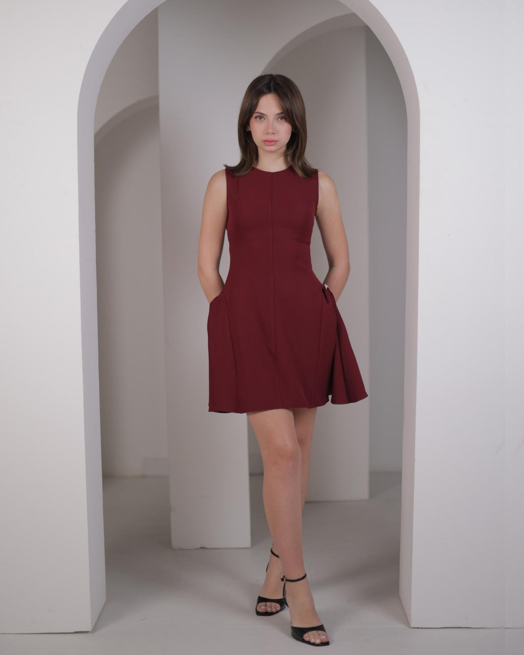 Wine Red Sleeveless Skater Dress with Side Pleats