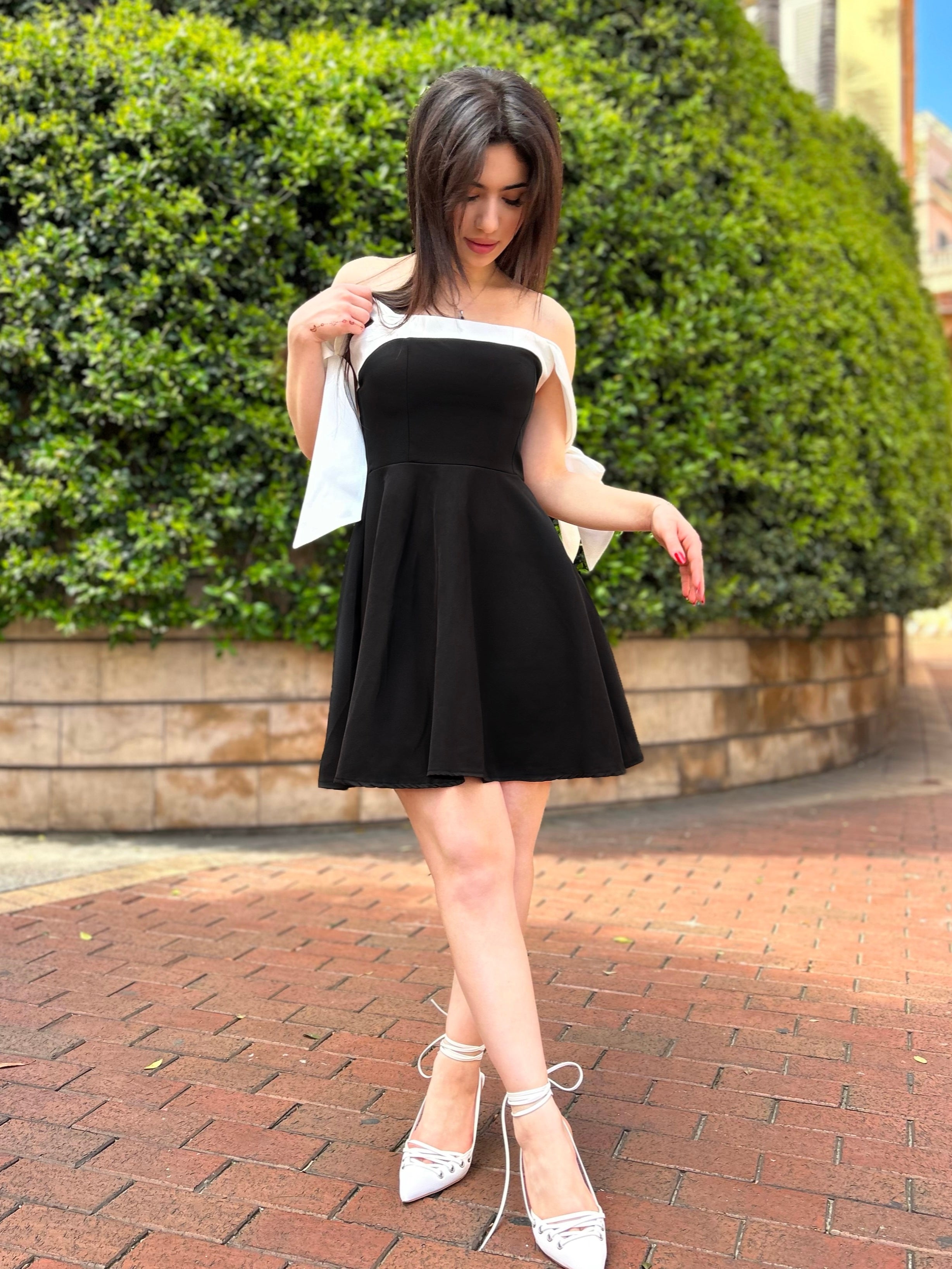 Monochrome Off-shoulder mini dress