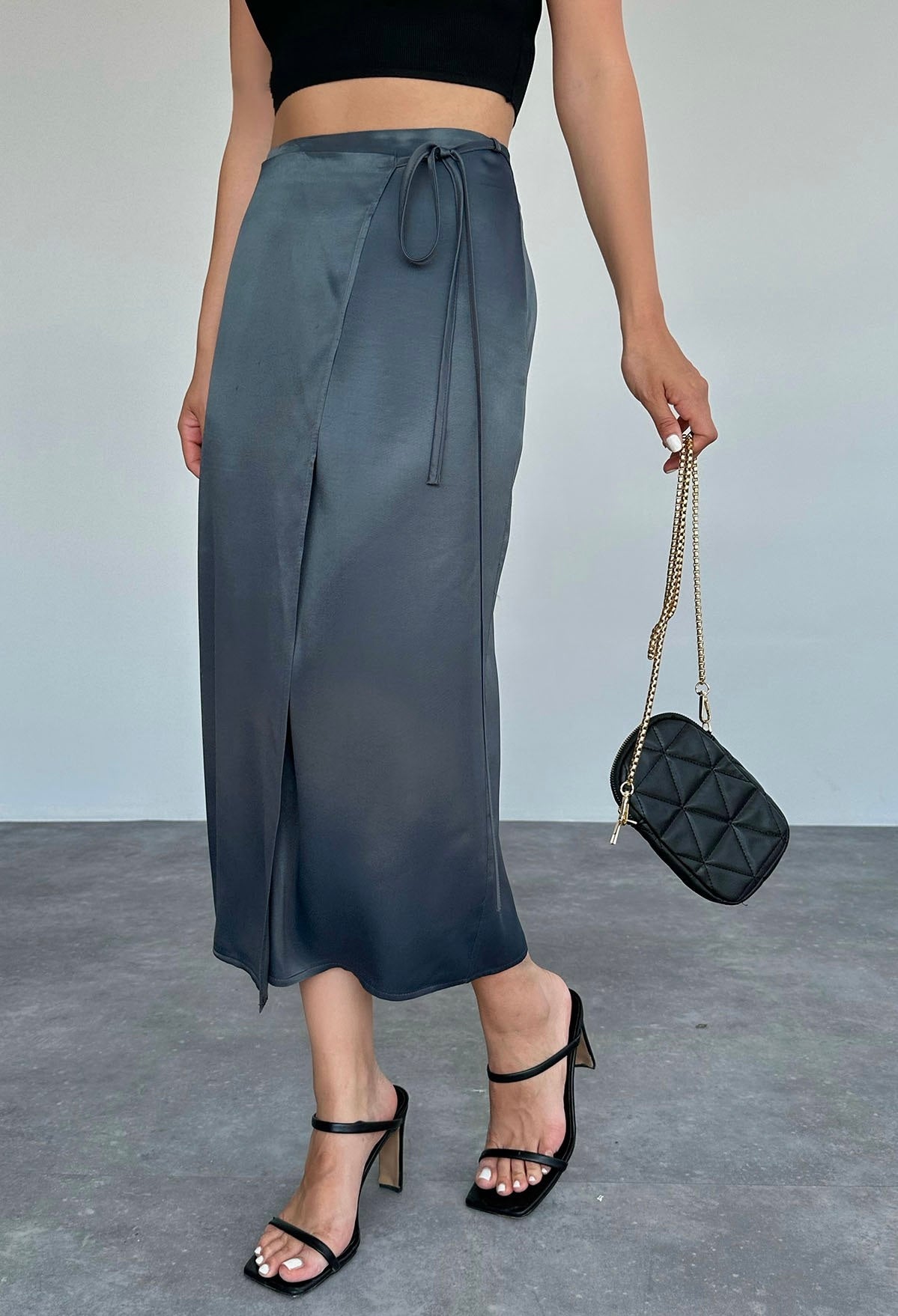 Glossy Strap-Waist Midi Skirt