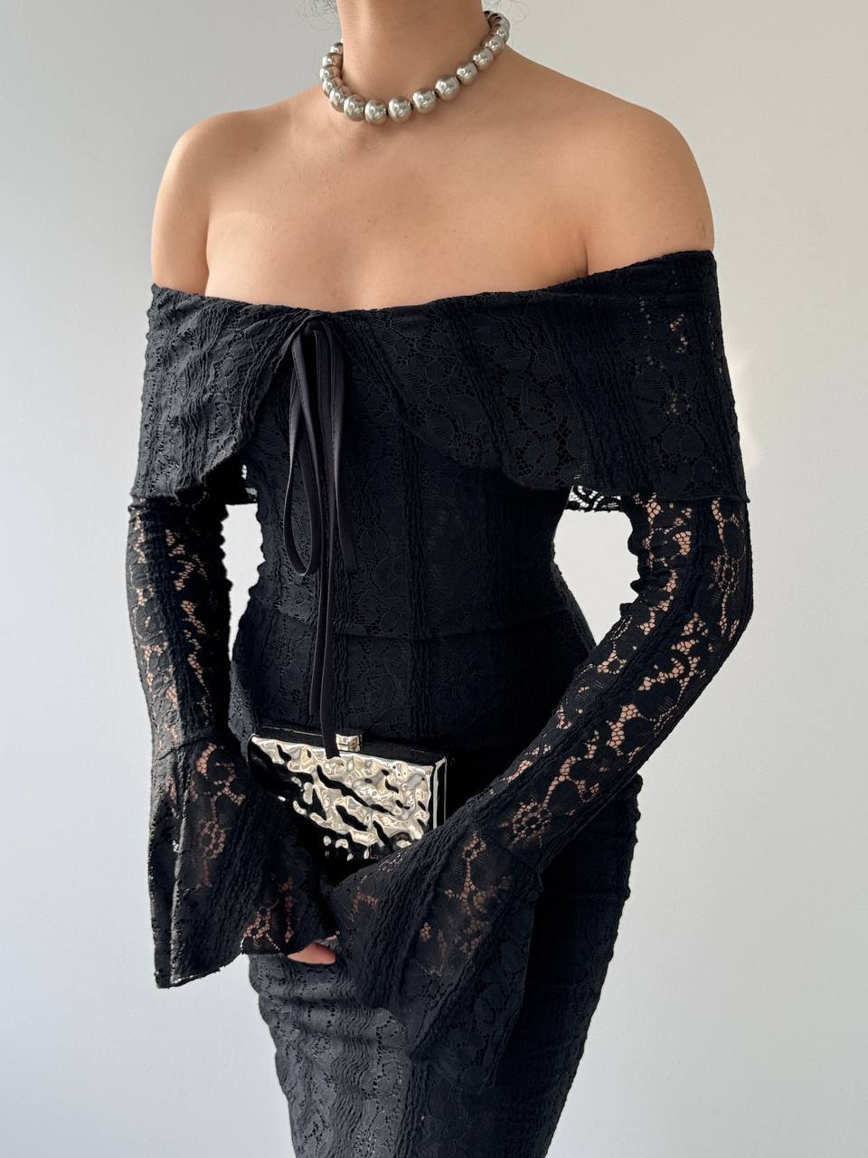 Black Lace Off-Shoulder Maxi Dress
