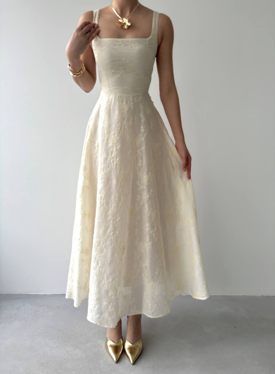Ivory Square-Neck Embroidered Midi Dress