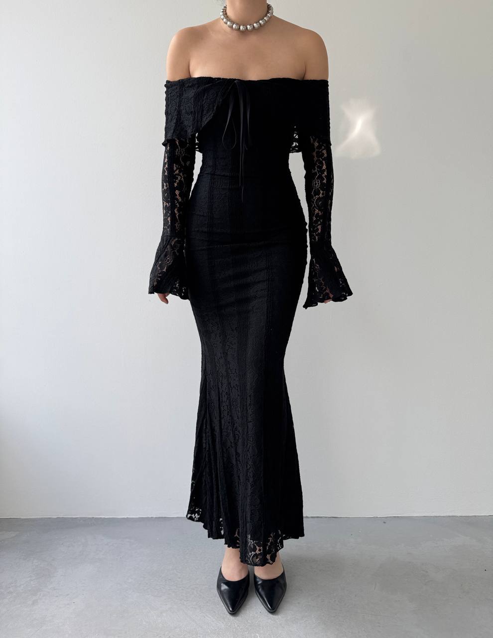 Black Lace Off-Shoulder Maxi Dress