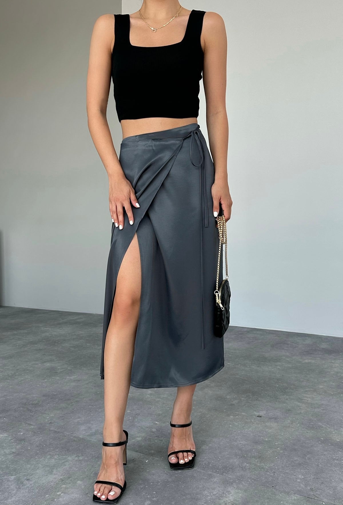 Glossy Strap-Waist Midi Skirt