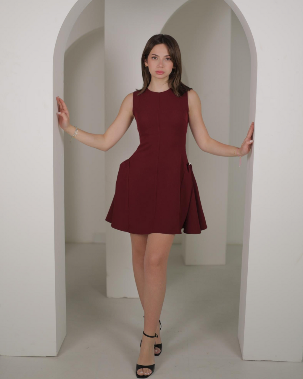 Wine Red Sleeveless Skater Dress with Side Pleats