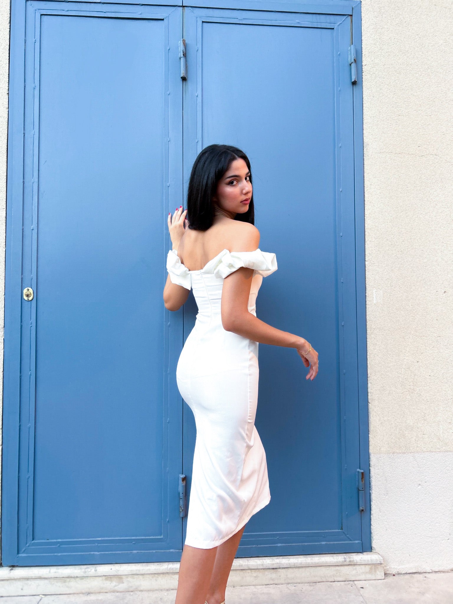 White Off-Shoulder Midi Fitted Dress