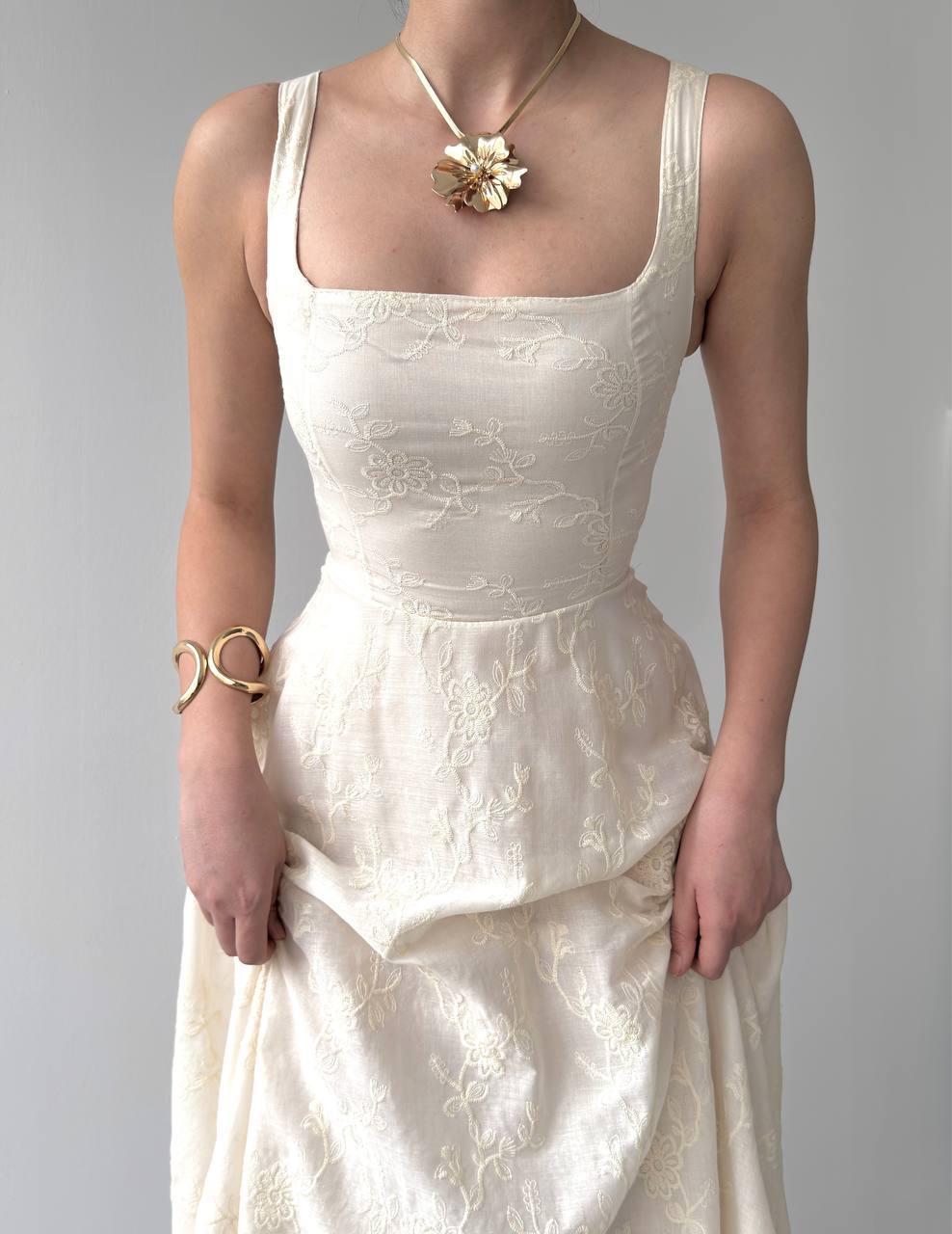 Ivory Square-Neck Embroidered Midi Dress