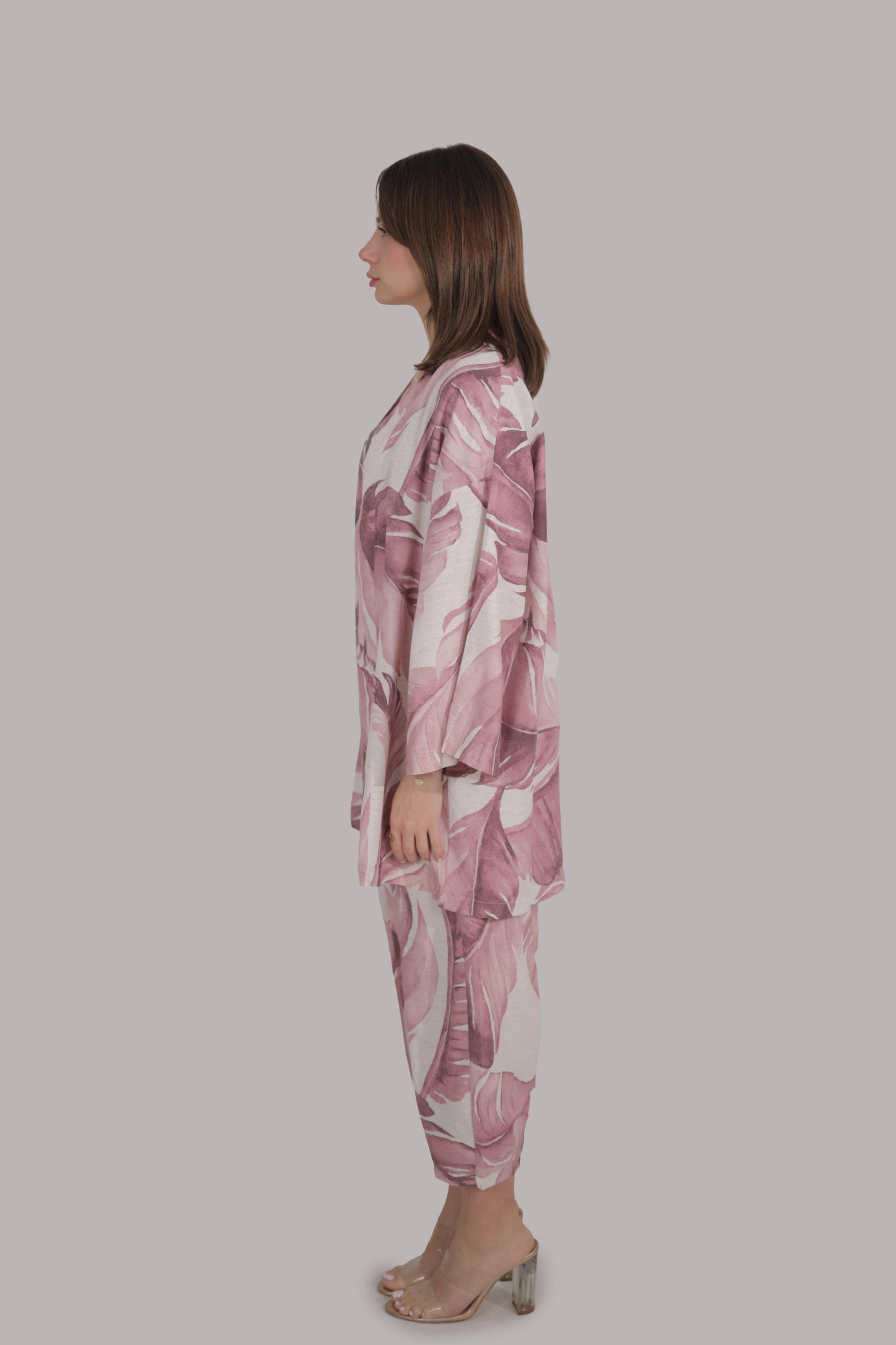 Blush Leaf Print Kimono Set