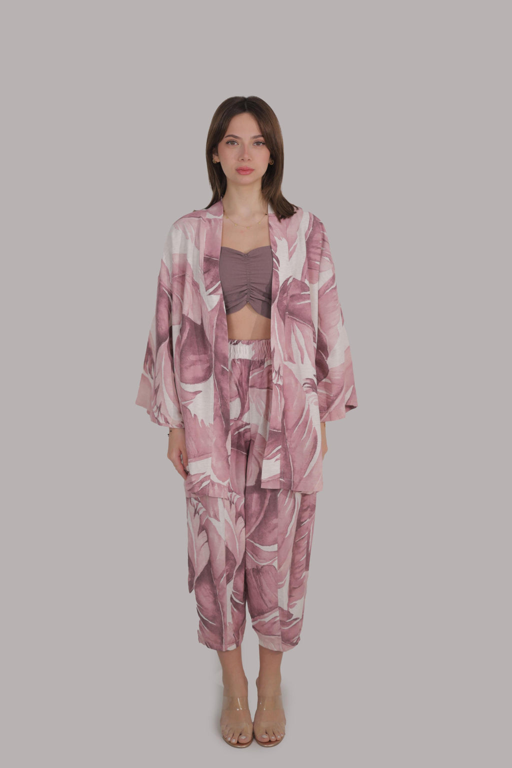Blush Leaf Print Kimono Set